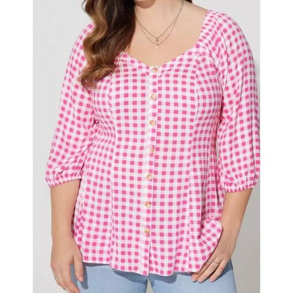 Torrid Fit & Flare Rayon Slub Button Up 3/4 Sleeve Gingham Peasant Top Size 1X - Picture 1 of 15